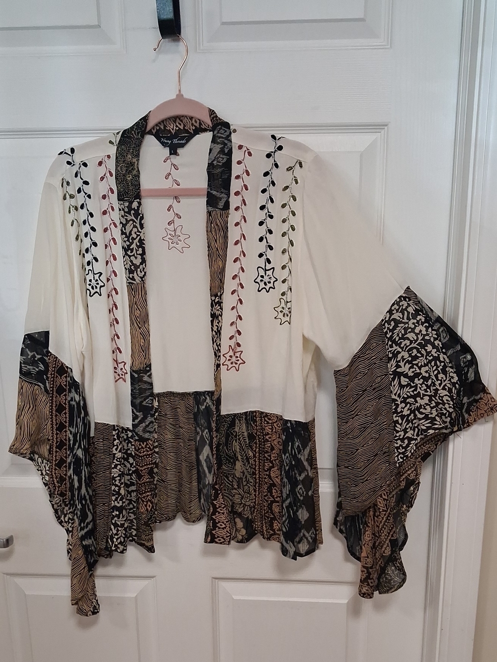 Young Threads Embroidered Boho Kimono Cardigan - Ivory & Brown